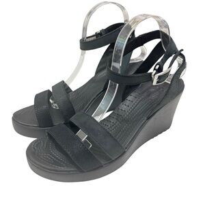 Crocs Leigh Womens Black Wedge‎ Open Toe Ankle Wrap Sandals Sz 10
